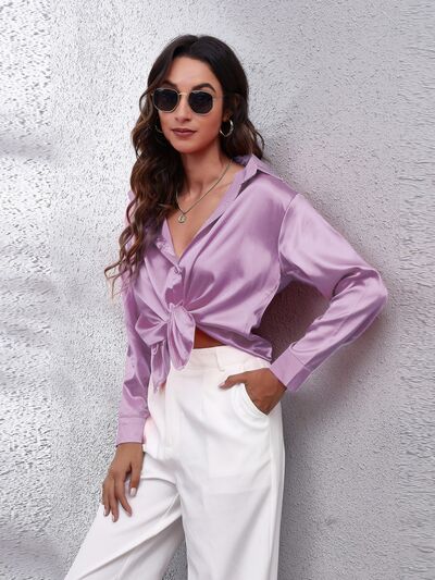 Button Up Collared Neck Long Sleeve Shirt - Loulou Boutique