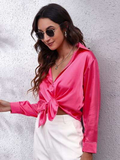 Button Up Collared Neck Long Sleeve Shirt - Loulou Boutique