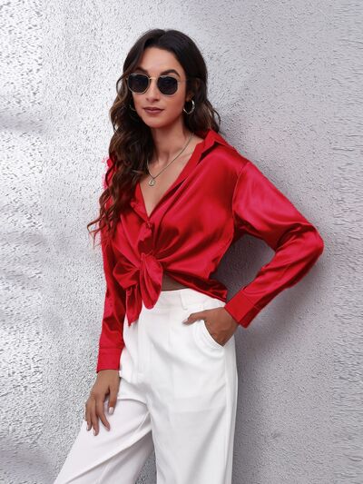 Button Up Collared Neck Long Sleeve Shirt - Loulou Boutique