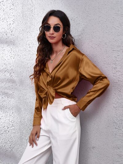 Button Up Collared Neck Long Sleeve Shirt - Loulou Boutique
