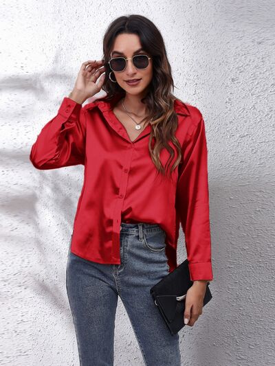 Button Up Collared Neck Long Sleeve Shirt - Loulou Boutique
