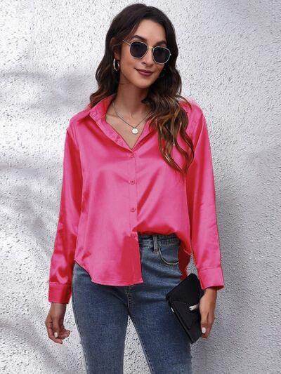 Button Up Collared Neck Long Sleeve Shirt - Loulou Boutique