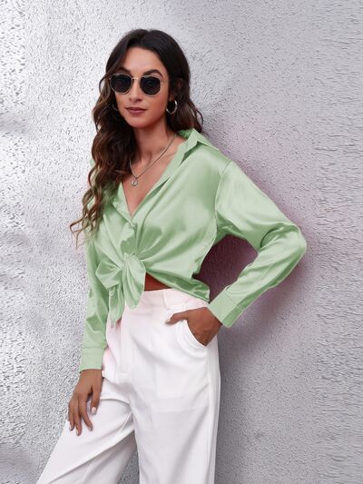 Button Up Collared Neck Long Sleeve Shirt - Loulou Boutique