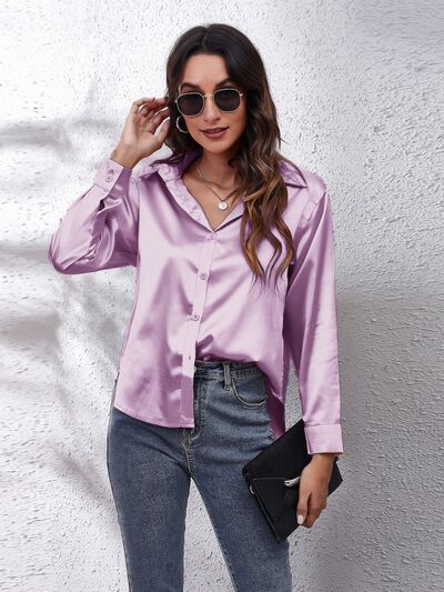 Button Up Collared Neck Long Sleeve Shirt - Loulou Boutique