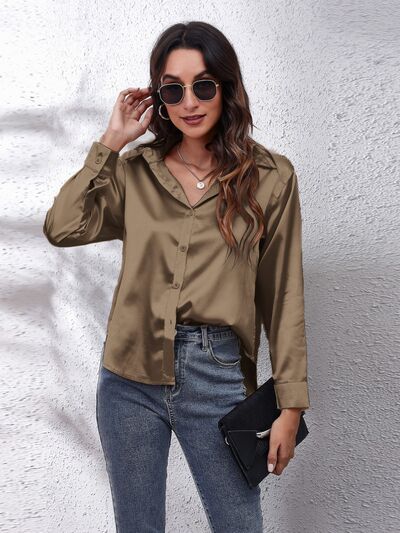 Button Up Collared Neck Long Sleeve Shirt - Loulou Boutique