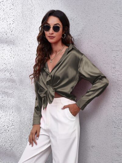 Button Up Collared Neck Long Sleeve Shirt - Loulou Boutique