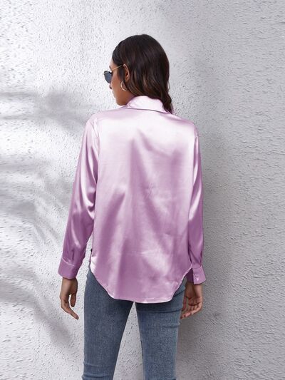 Button Up Collared Neck Long Sleeve Shirt - Loulou Boutique