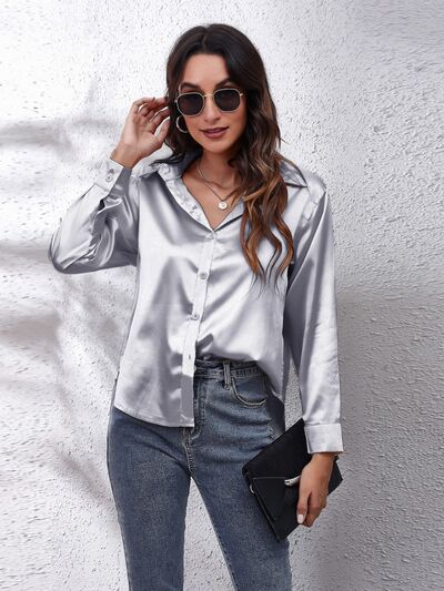 Button Up Collared Neck Long Sleeve Shirt - Loulou Boutique