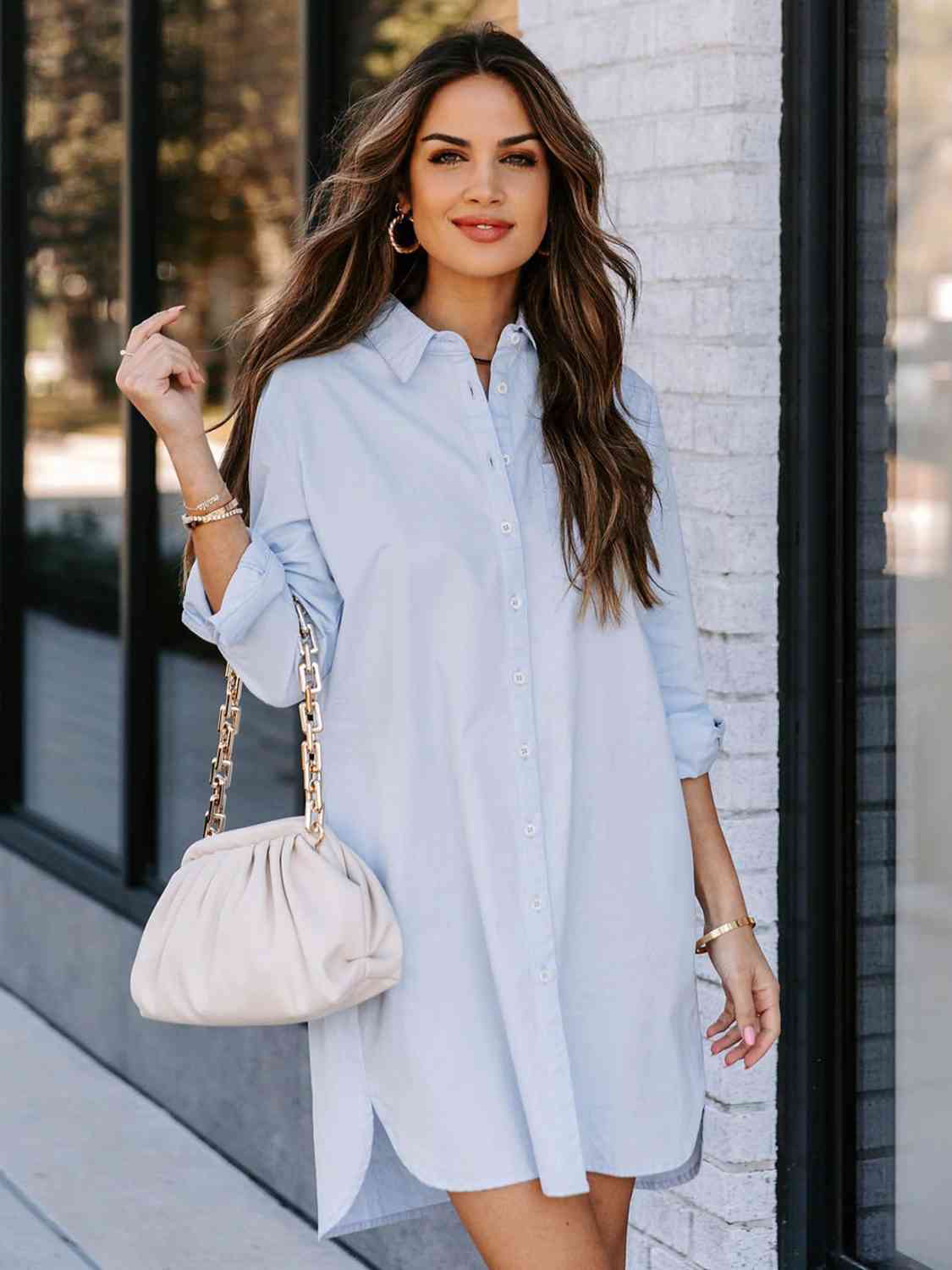 Button Up Collared Neck Long Sleeve Shirt Dress - Loulou Boutique