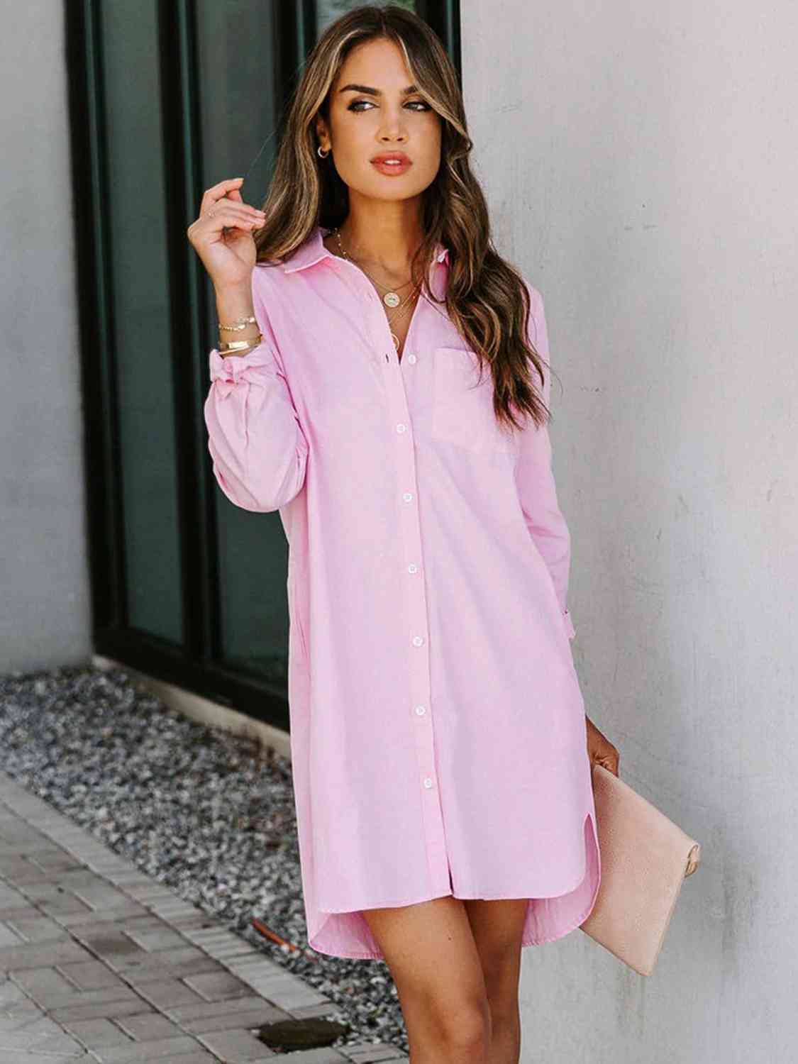Button Up Collared Neck Long Sleeve Shirt Dress - Loulou Boutique