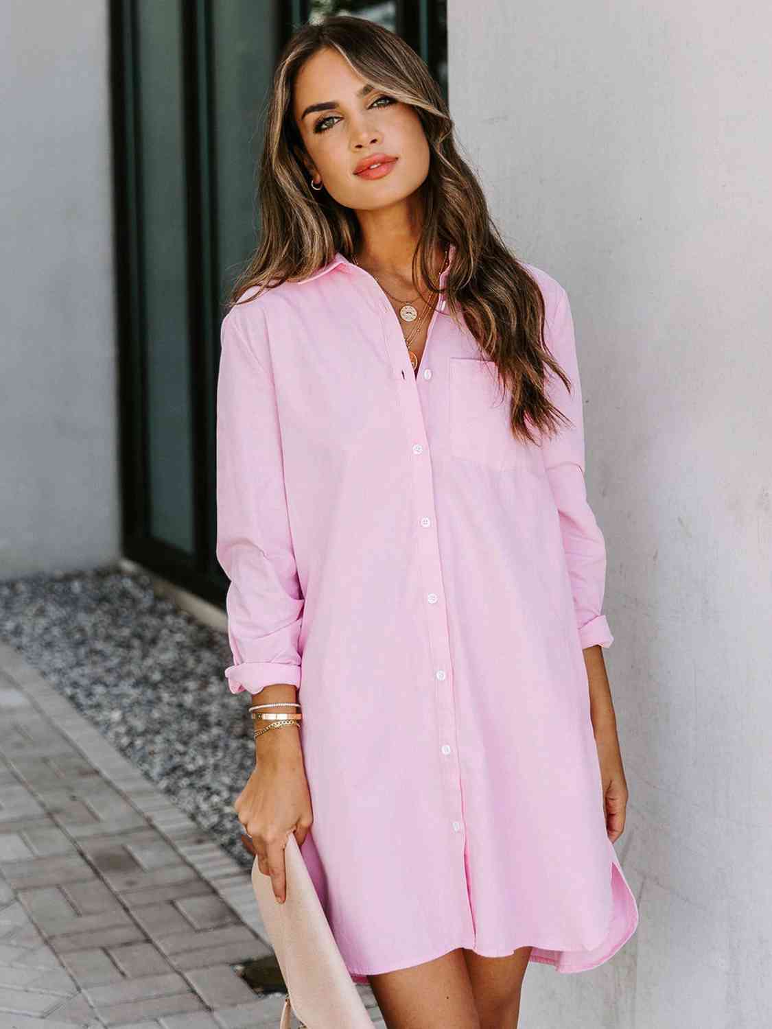Button Up Collared Neck Long Sleeve Shirt Dress - Loulou Boutique