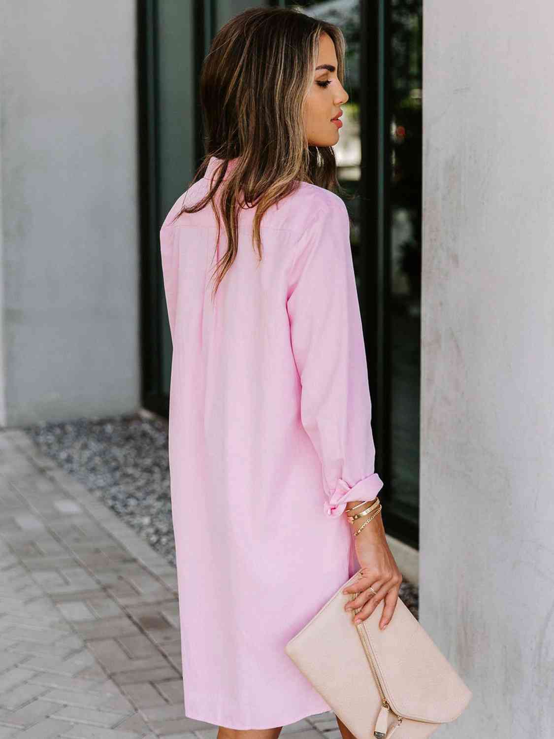 Button Up Collared Neck Long Sleeve Shirt Dress - Loulou Boutique