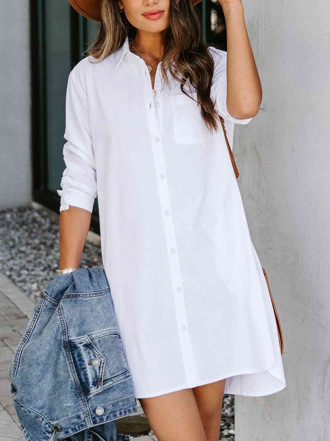 Button Up Collared Neck Long Sleeve Shirt Dress - Loulou Boutique