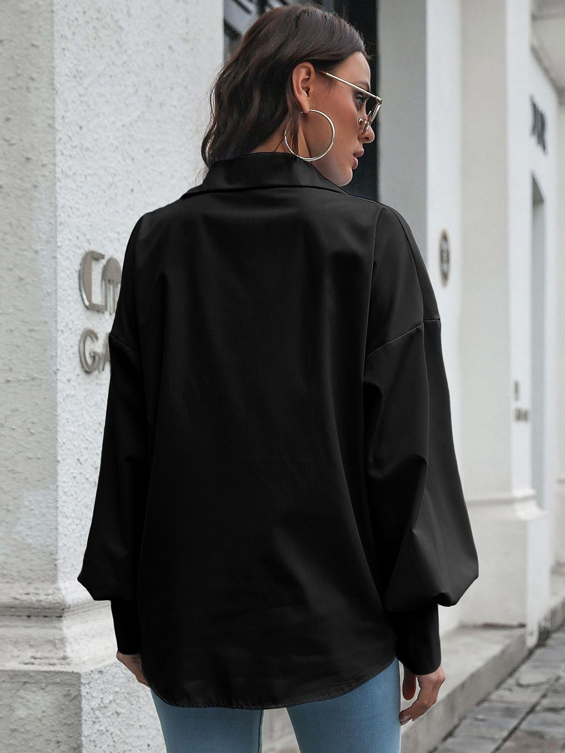Button Up Dropped Shoulder Lantern Sleeve Shirt - Loulou Boutique