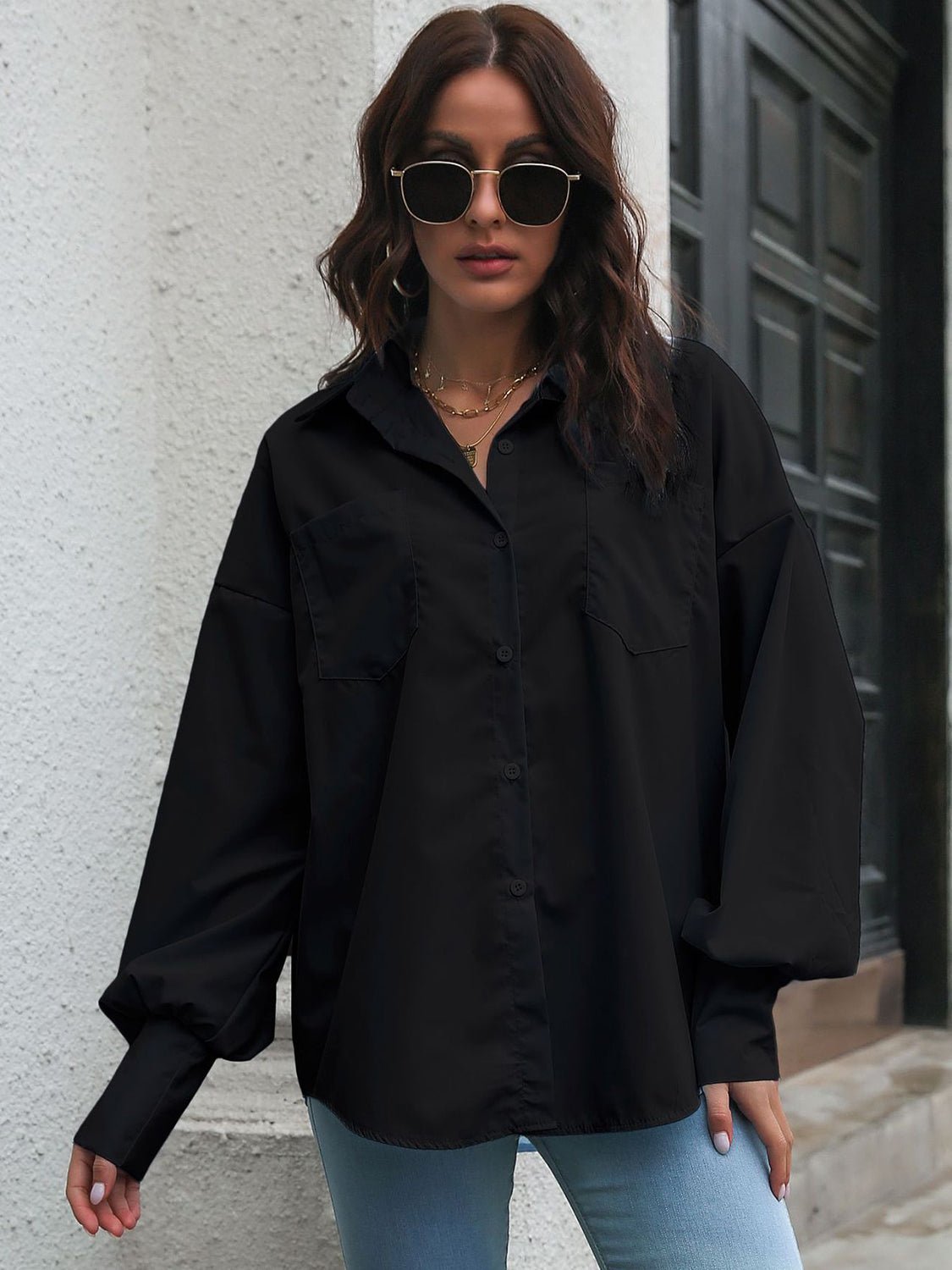Button Up Dropped Shoulder Lantern Sleeve Shirt - Loulou Boutique