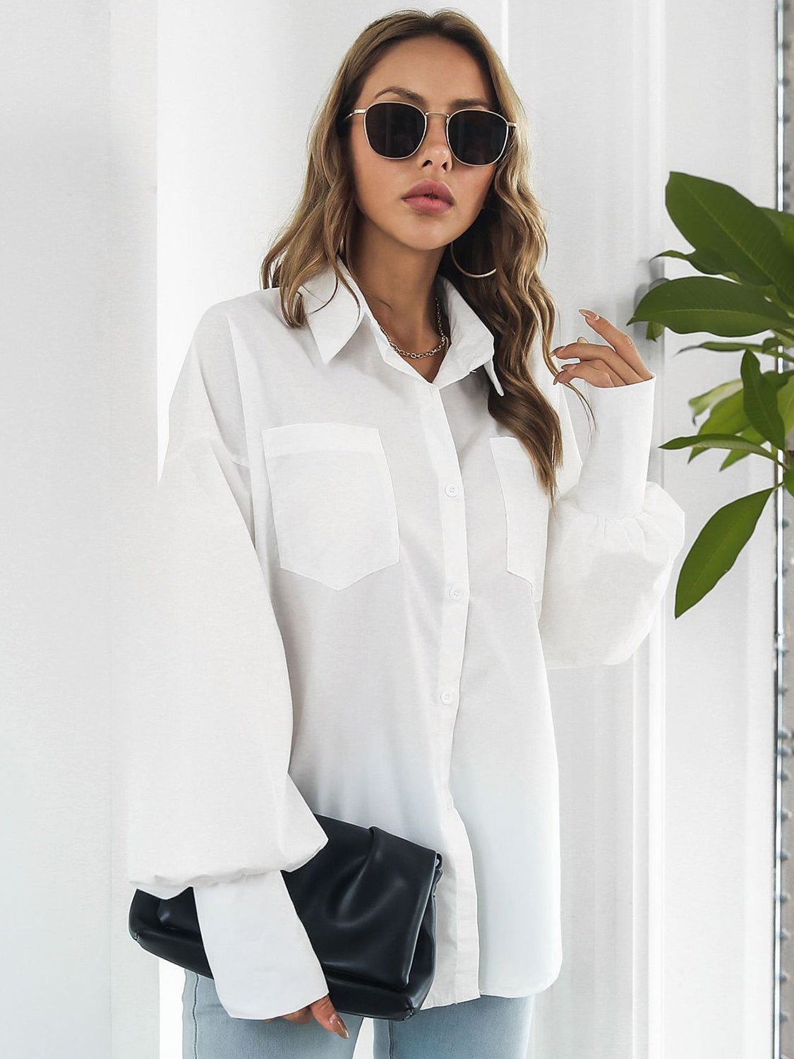 Button Up Dropped Shoulder Lantern Sleeve Shirt - Loulou Boutique