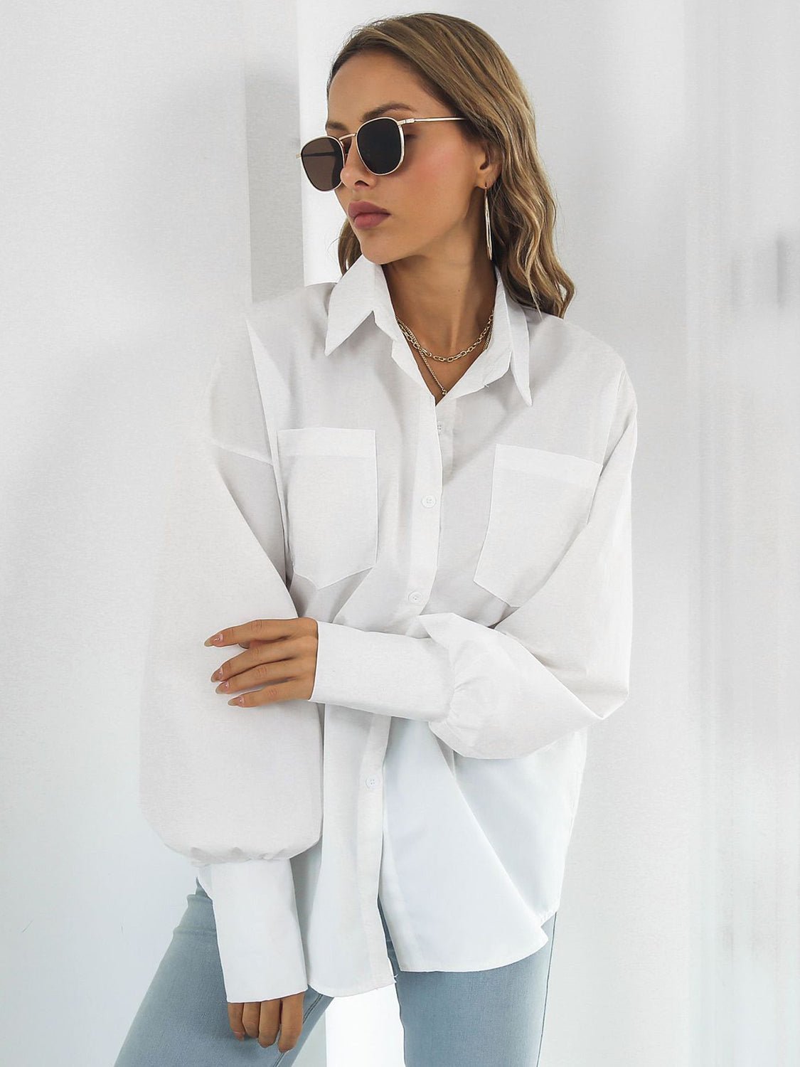 Button Up Dropped Shoulder Lantern Sleeve Shirt - Loulou Boutique