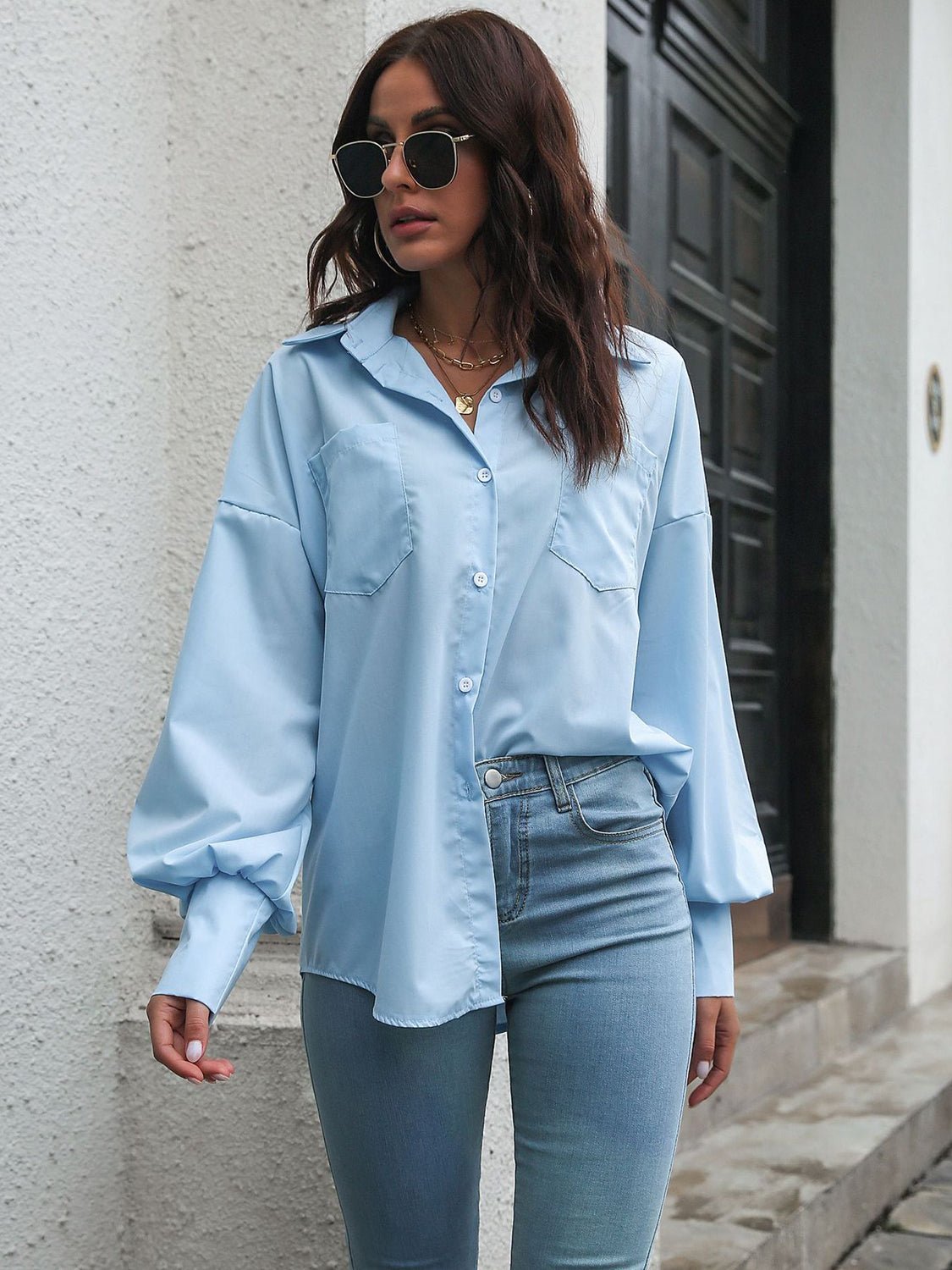 Button Up Dropped Shoulder Lantern Sleeve Shirt - Loulou Boutique