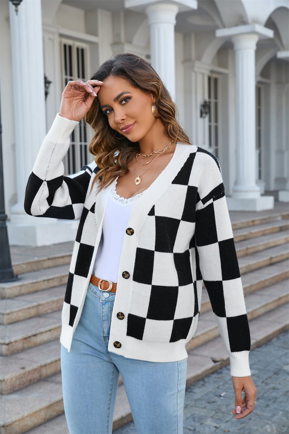 Button-Up Plaid V-Neck Dropped Shoulder Cardigan - Loulou Boutique