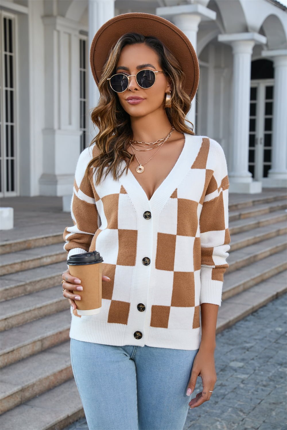 Button-Up Plaid V-Neck Dropped Shoulder Cardigan - Loulou Boutique