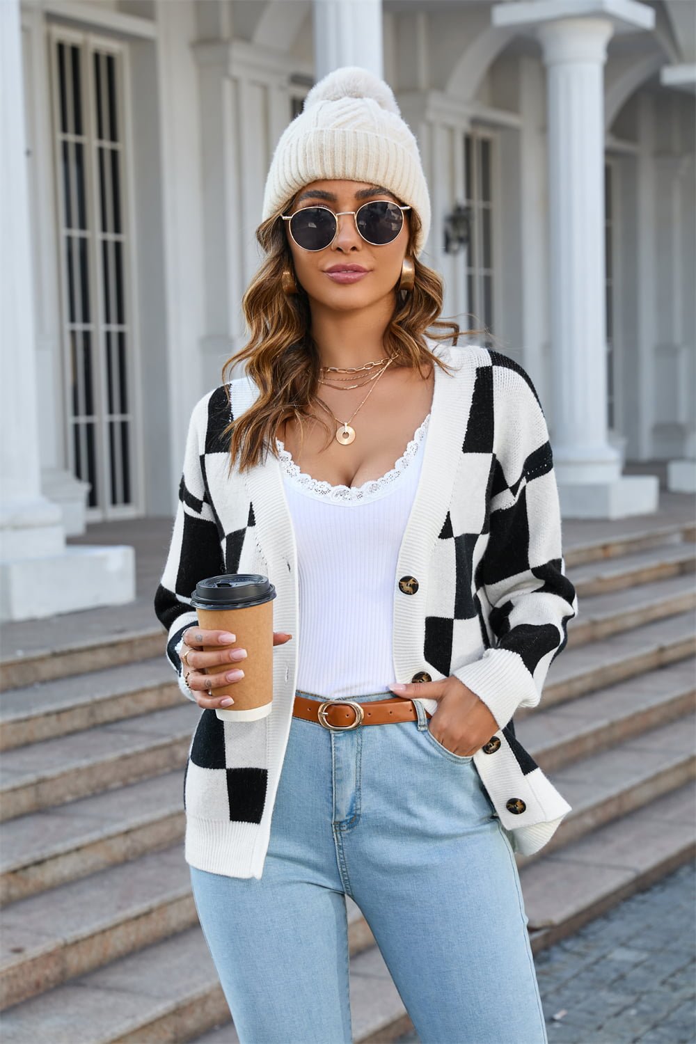 Button-Up Plaid V-Neck Dropped Shoulder Cardigan - Loulou Boutique