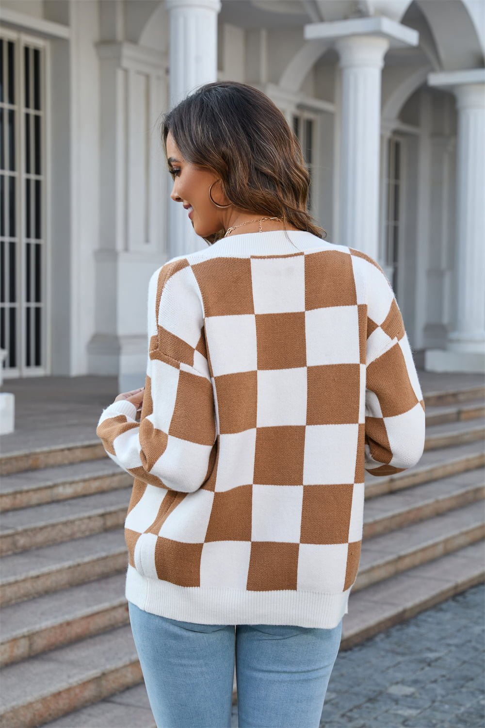 Button-Up Plaid V-Neck Dropped Shoulder Cardigan - Loulou Boutique