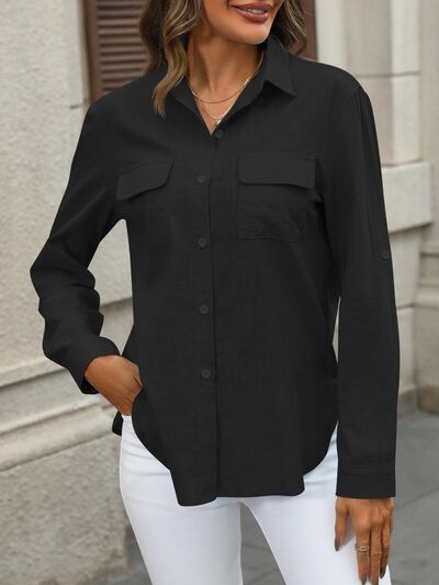 Button Up Pocketed Long Sleeve Shirt - Loulou Boutique