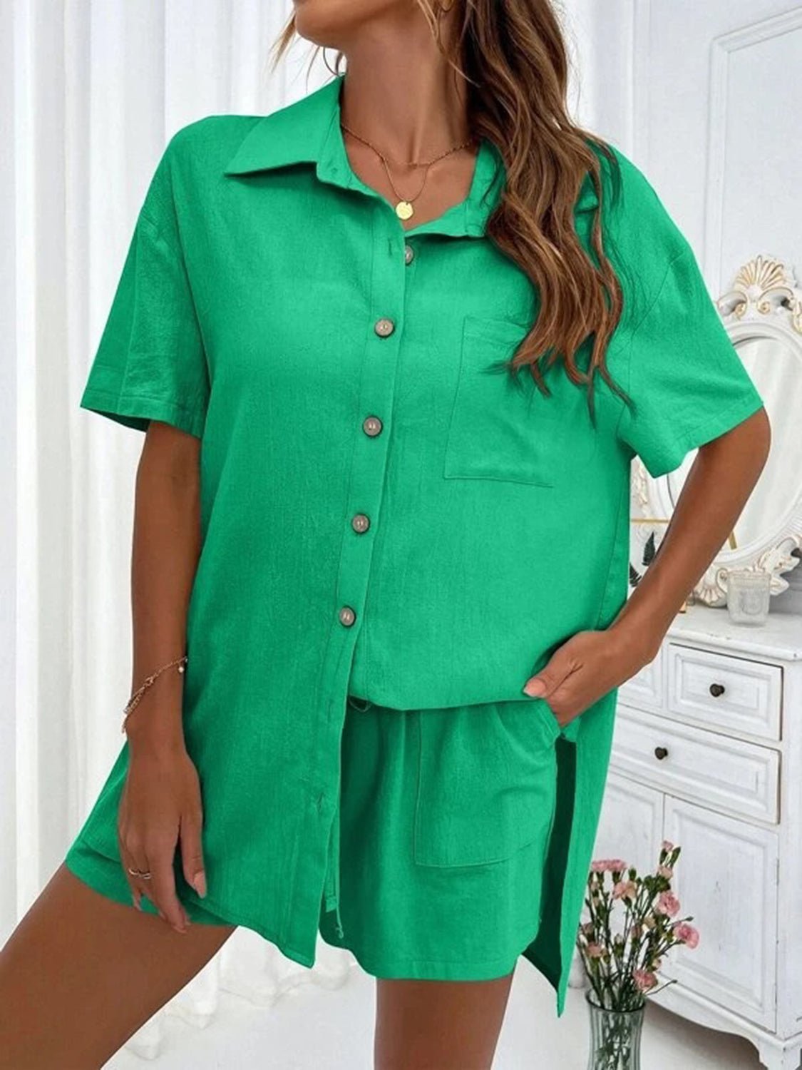 Button Up Shirt and Drawstring Shorts Set - Loulou Boutique