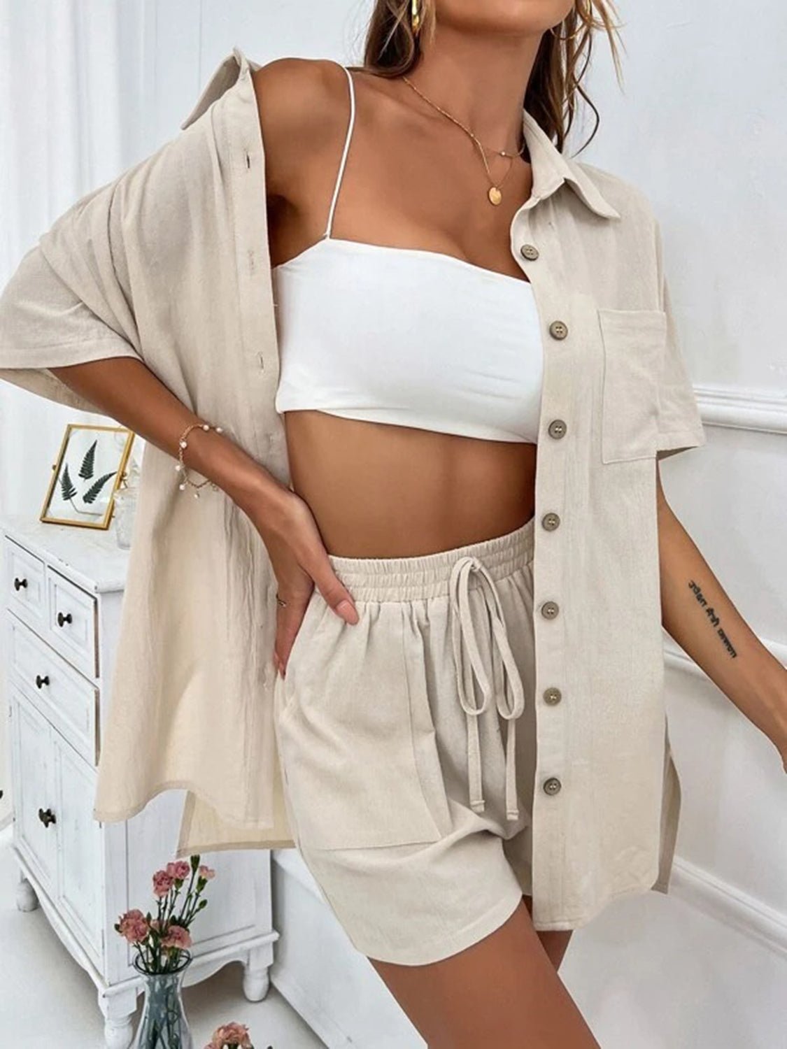 Button Up Shirt and Drawstring Shorts Set - Loulou Boutique