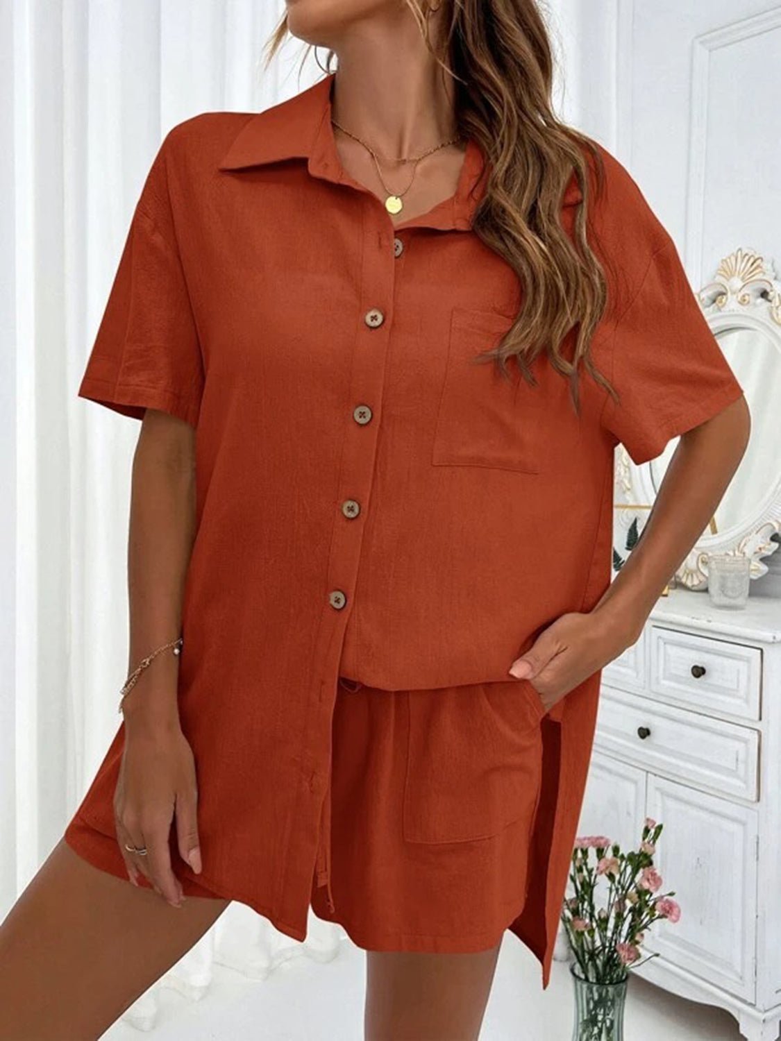 Button Up Shirt and Drawstring Shorts Set - Loulou Boutique