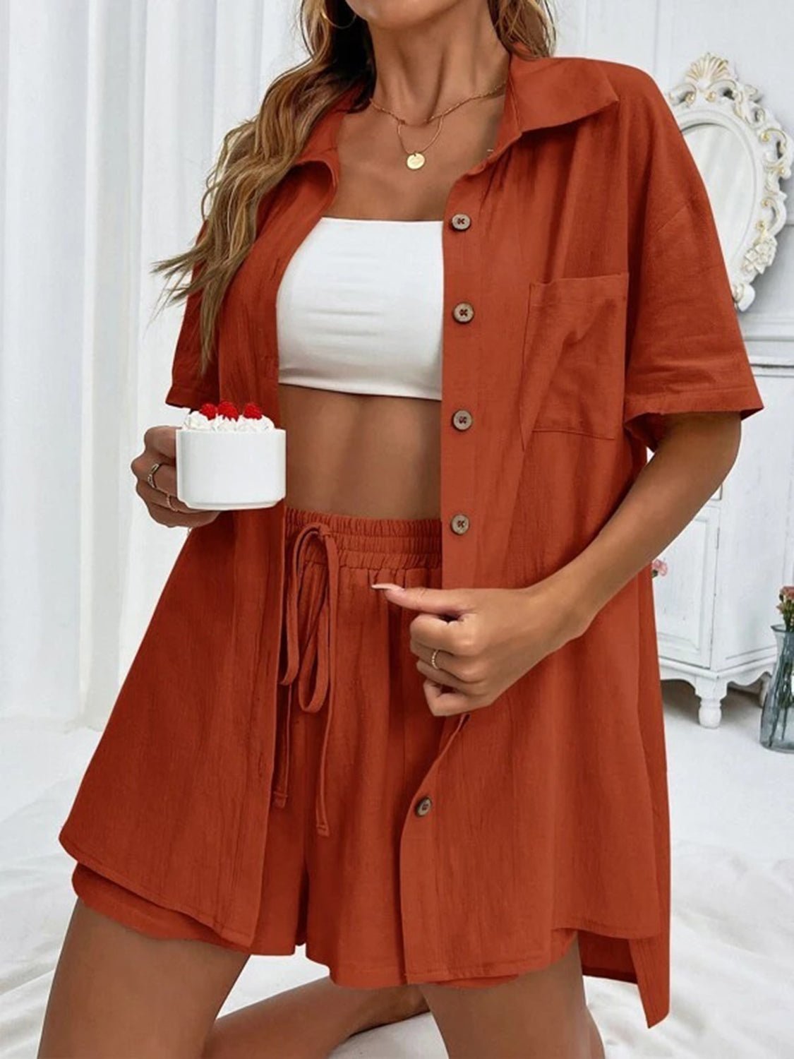 Button Up Shirt and Drawstring Shorts Set - Loulou Boutique
