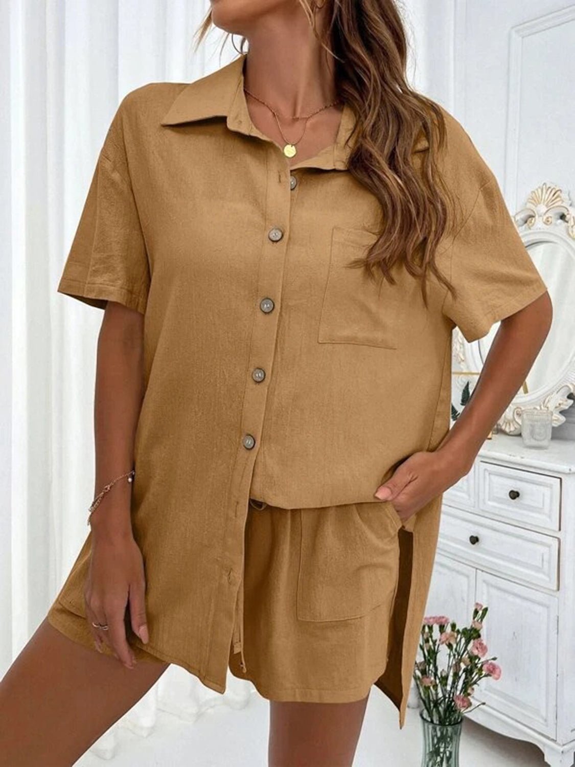 Button Up Shirt and Drawstring Shorts Set - Loulou Boutique