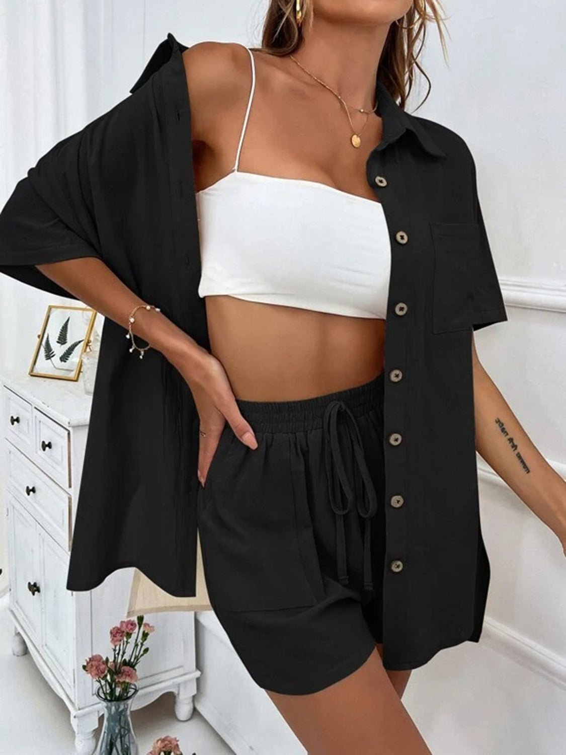 Button Up Shirt and Drawstring Shorts Set - Loulou Boutique
