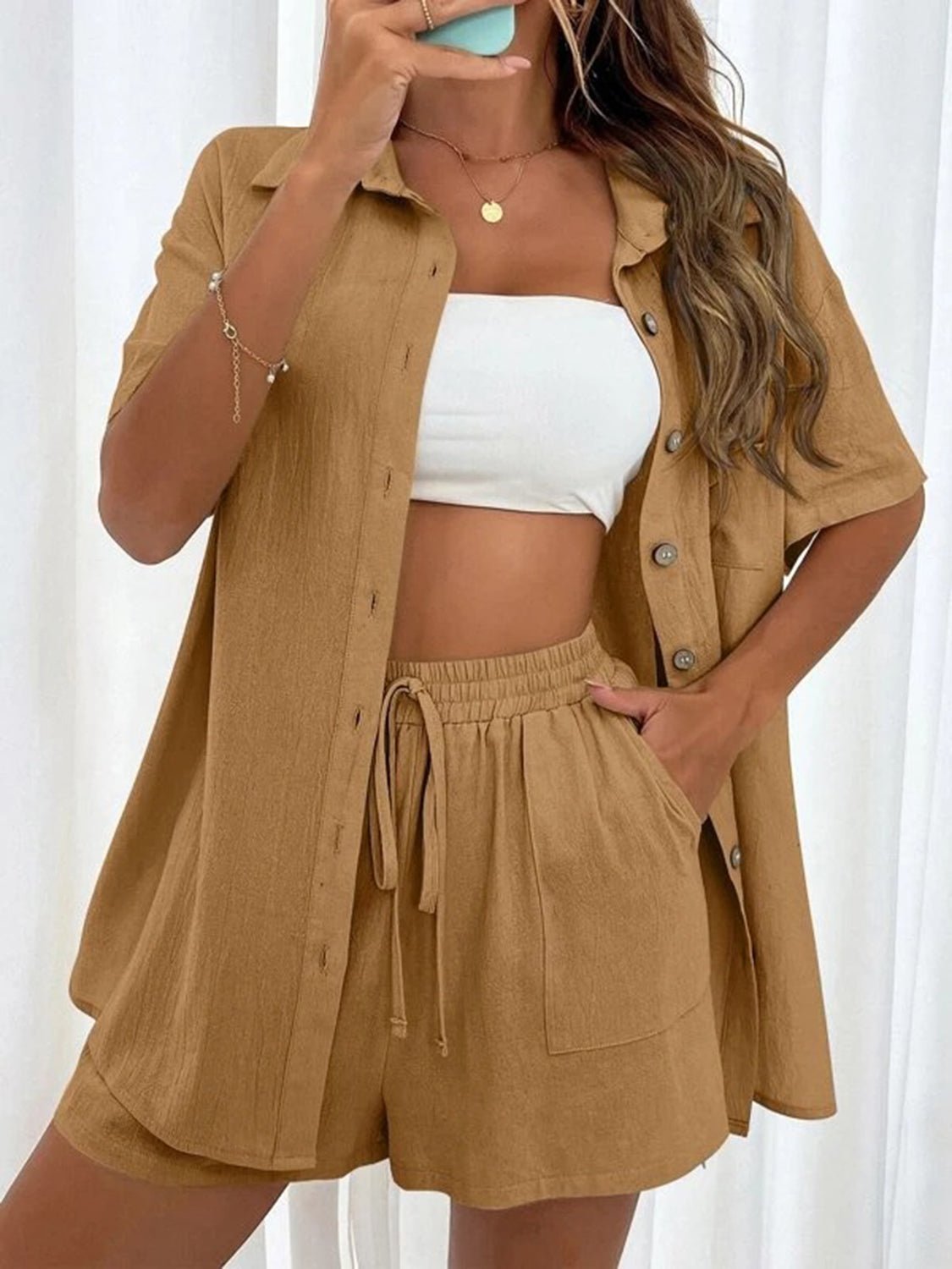 Button Up Shirt and Drawstring Shorts Set - Loulou Boutique