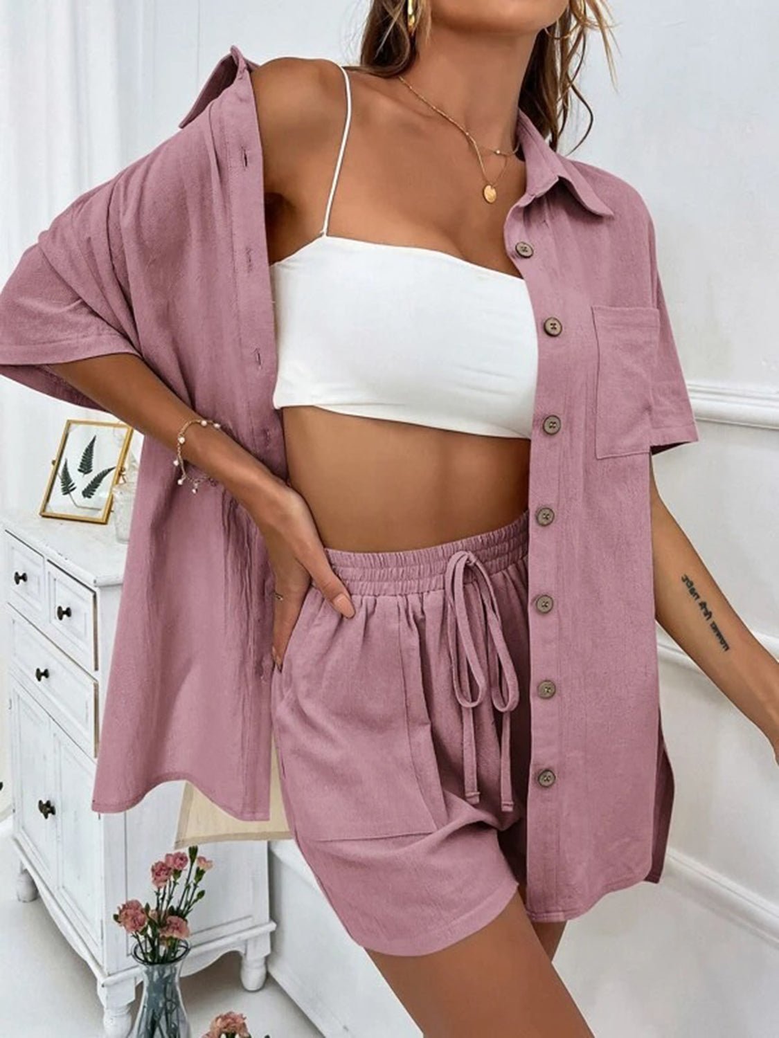 Button Up Shirt and Drawstring Shorts Set - Loulou Boutique