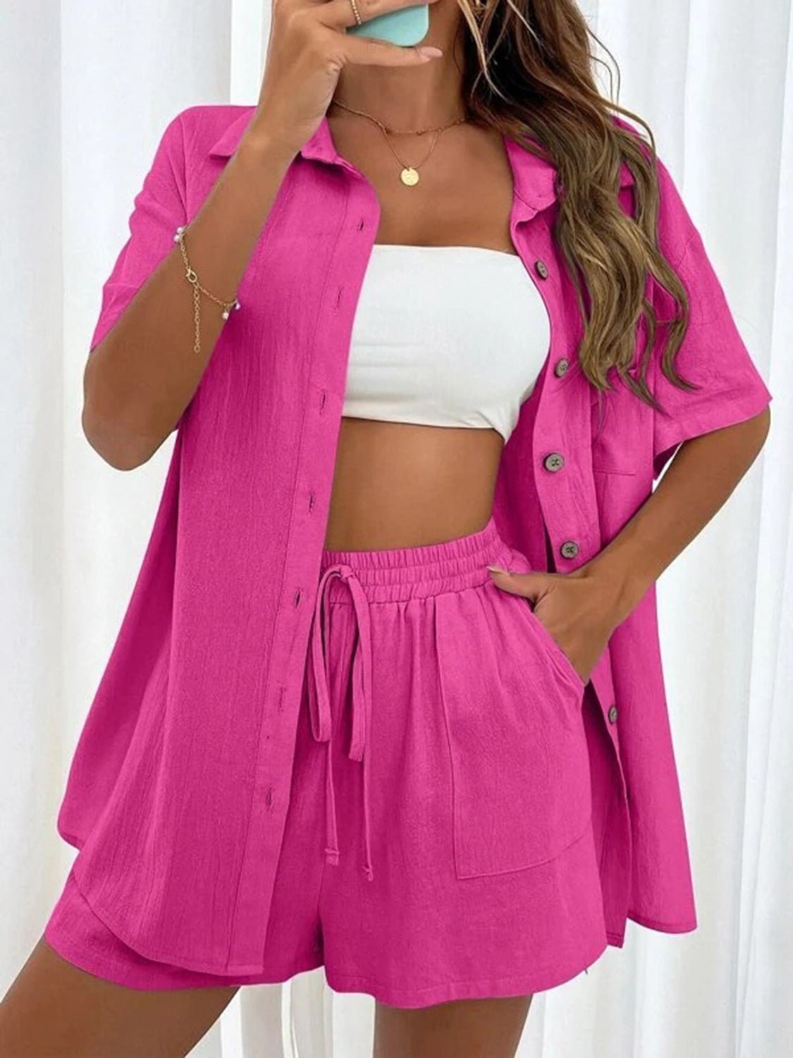 Button Up Shirt and Drawstring Shorts Set - Loulou Boutique