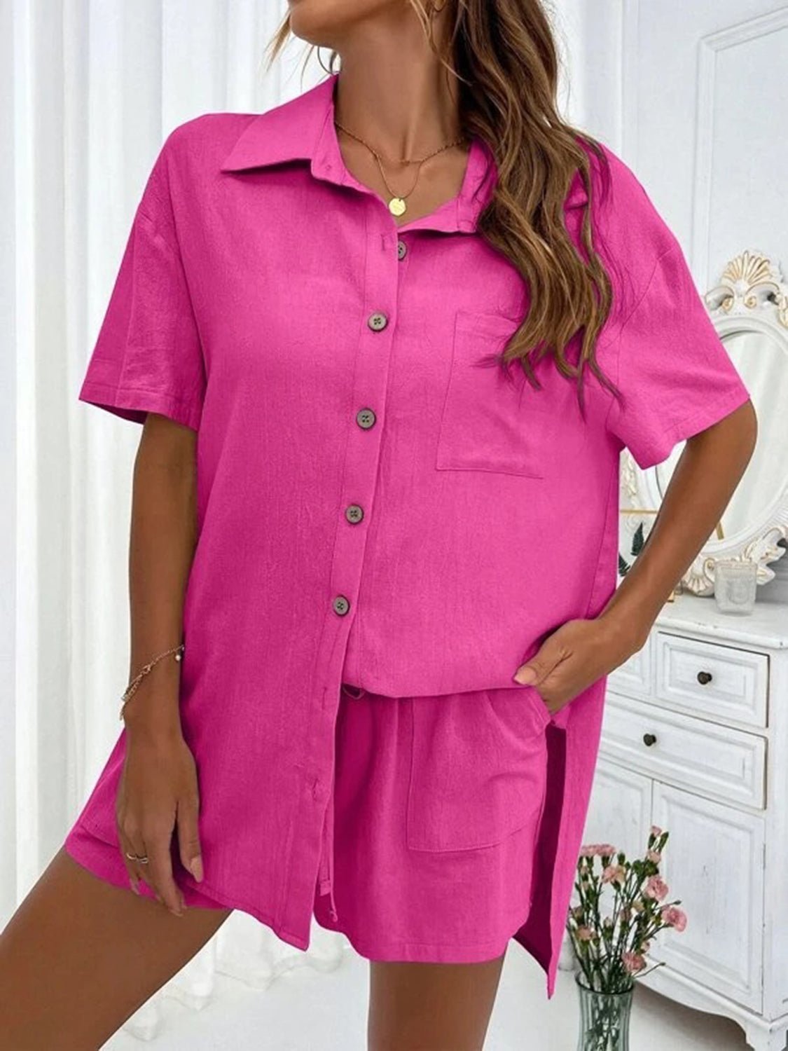 Button Up Shirt and Drawstring Shorts Set - Loulou Boutique