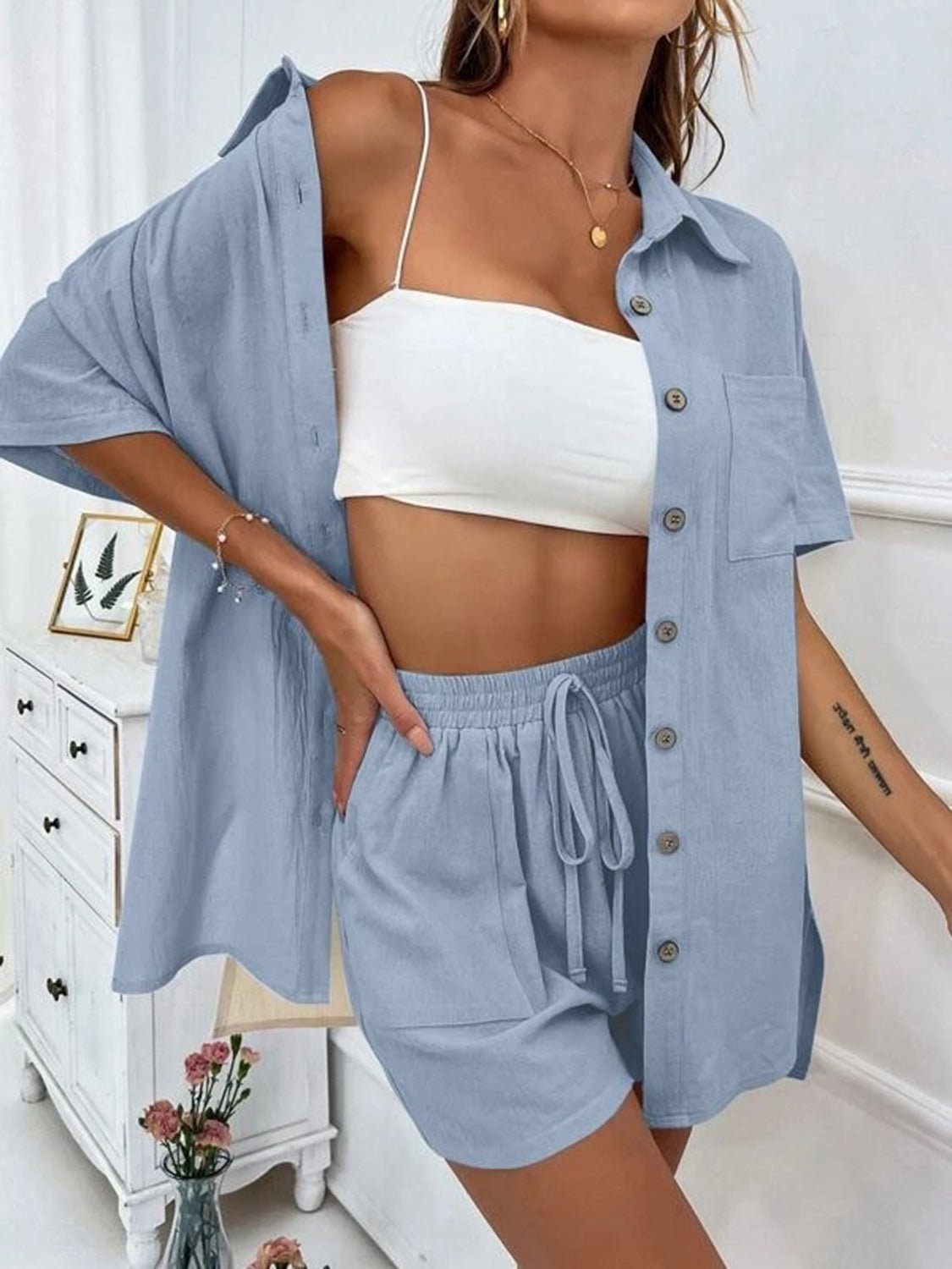 Button Up Shirt and Drawstring Shorts Set - Loulou Boutique