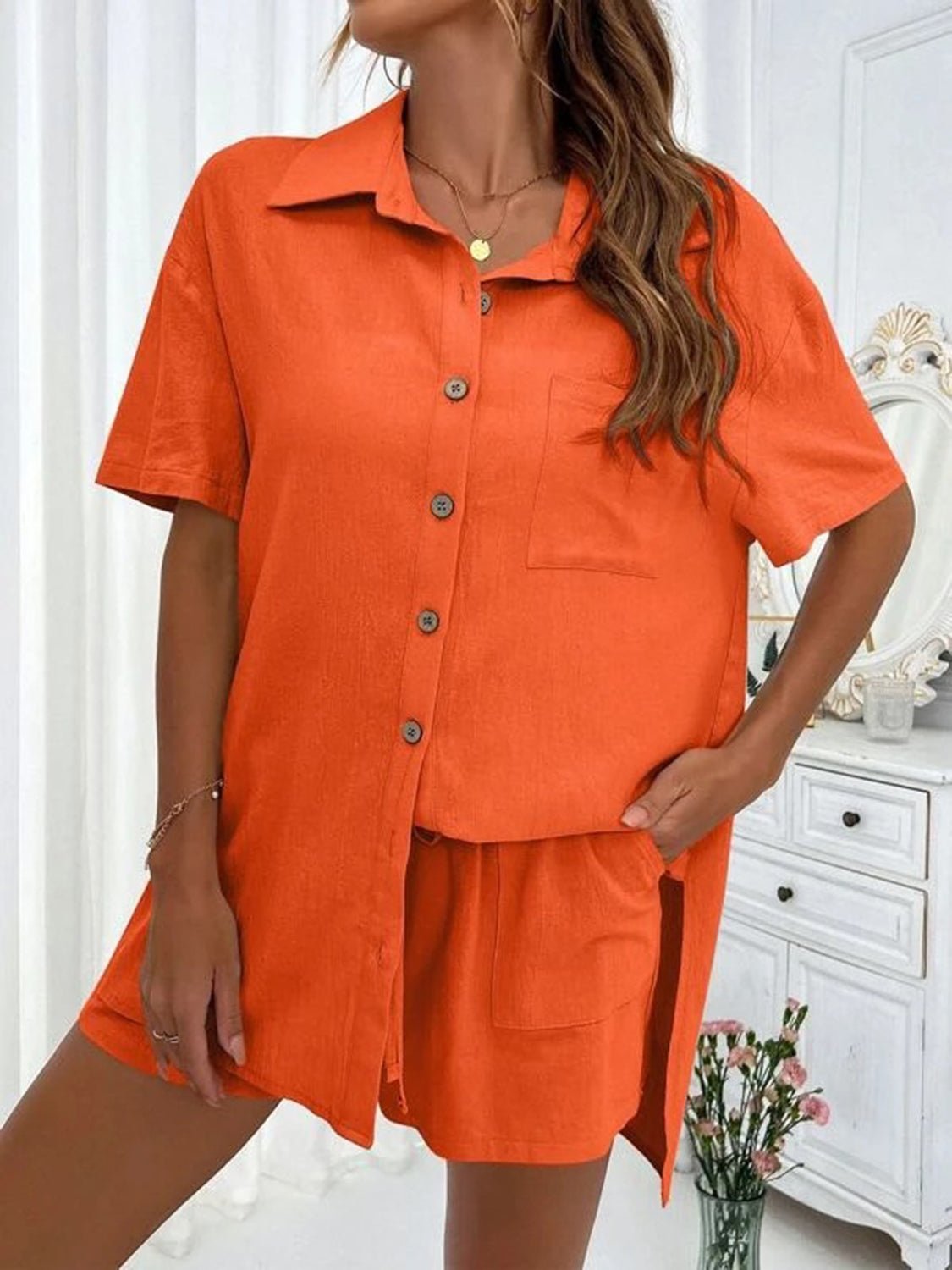 Button Up Shirt and Drawstring Shorts Set - Loulou Boutique