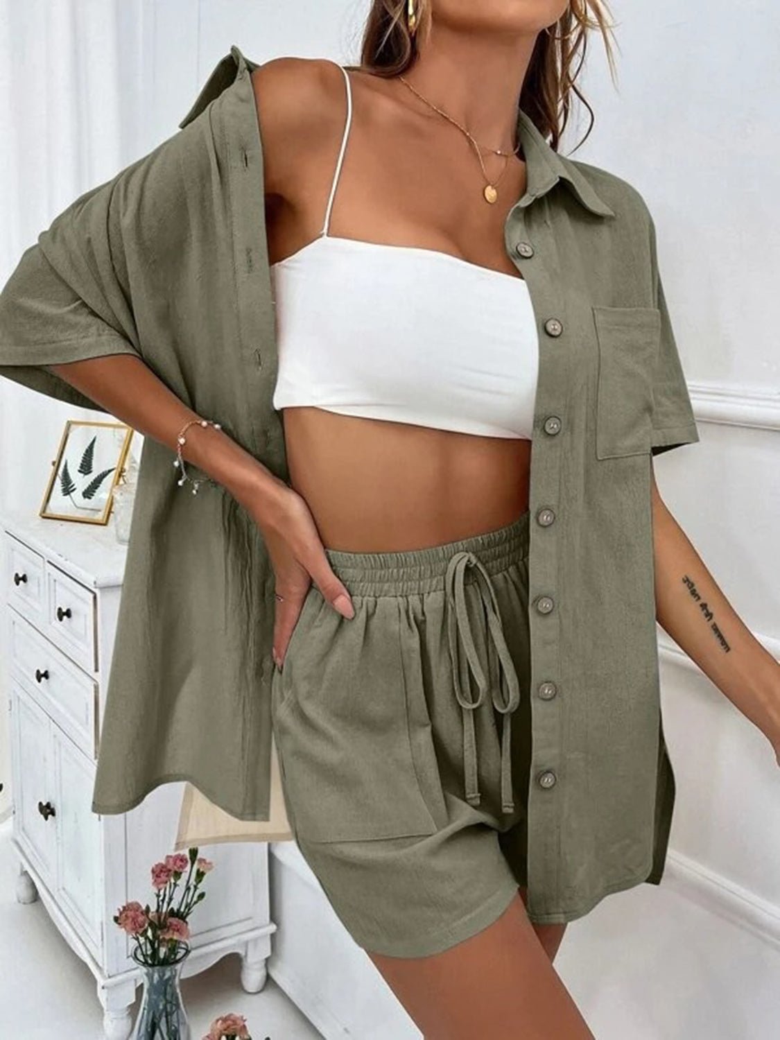 Button Up Shirt and Drawstring Shorts Set - Loulou Boutique