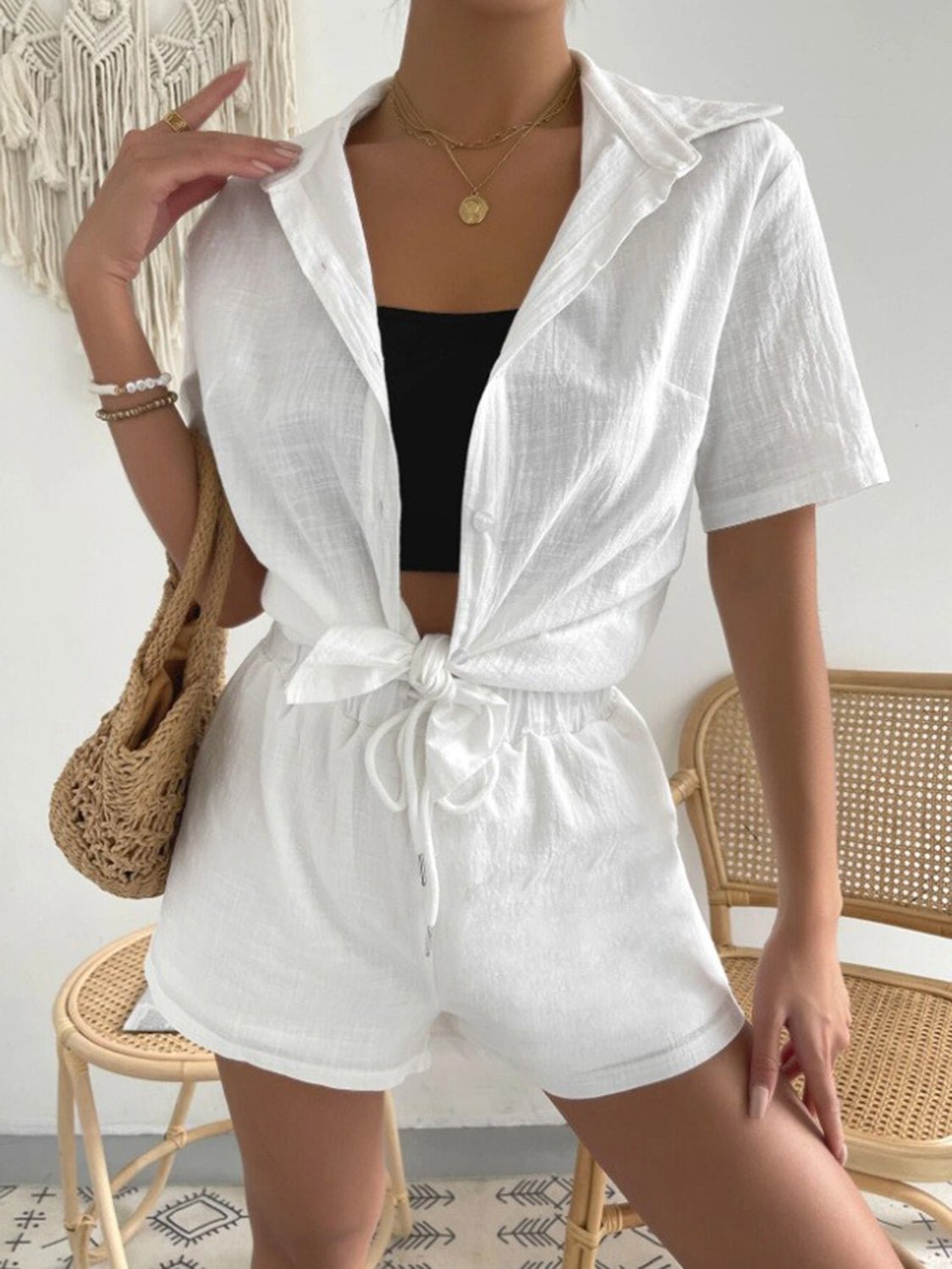 Button Up Short Sleeve Shirt and Drawstring Shorts Set - Loulou Boutique