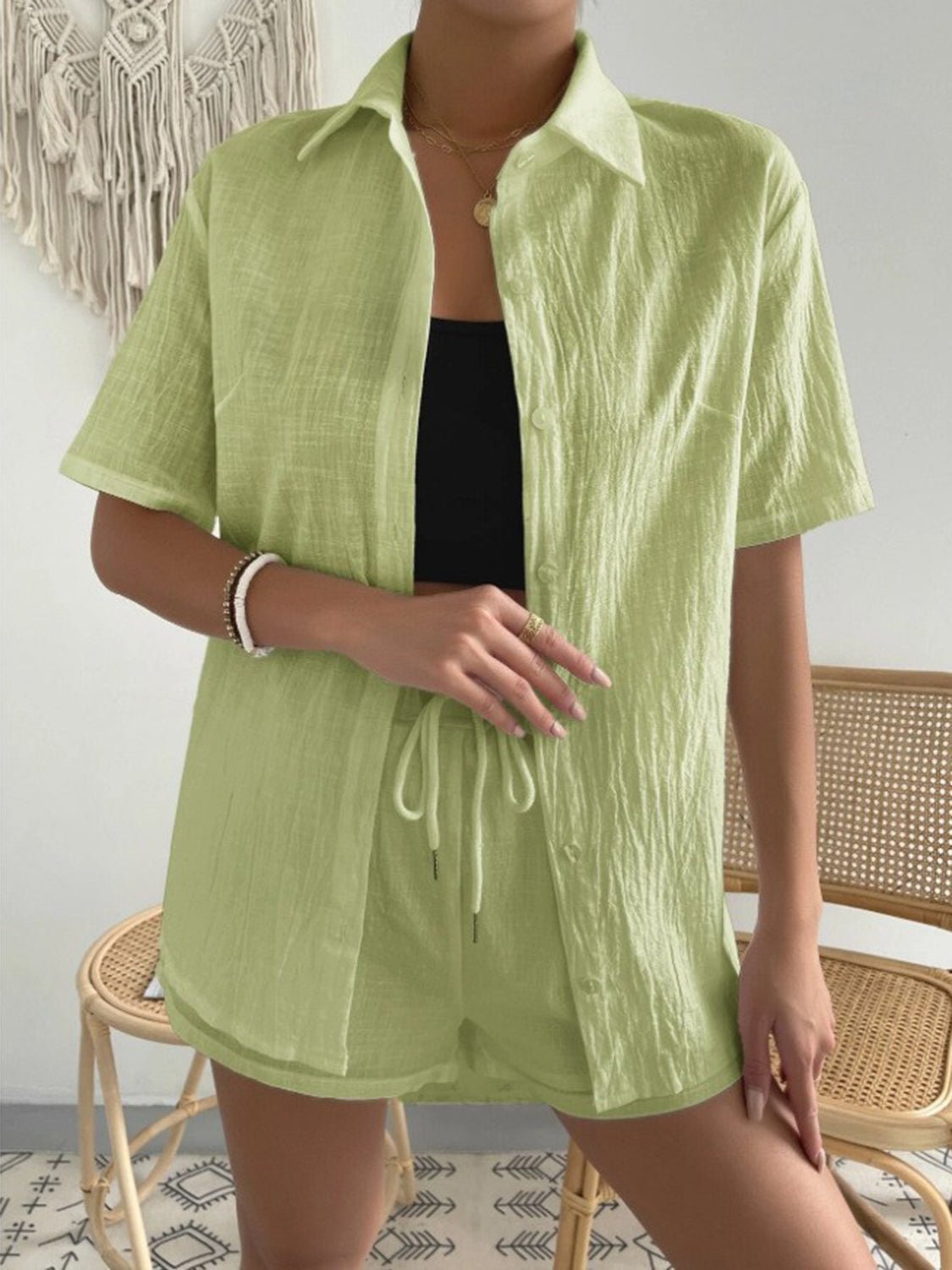 Button Up Short Sleeve Shirt and Drawstring Shorts Set - Loulou Boutique