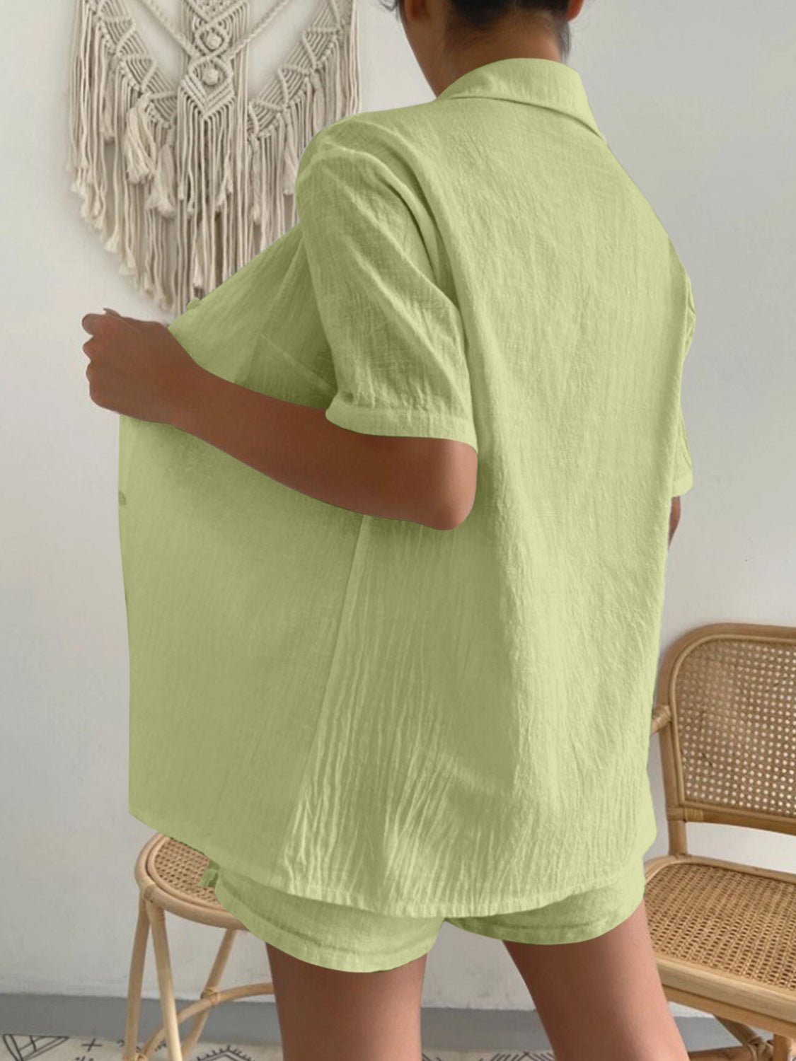 Button Up Short Sleeve Shirt and Drawstring Shorts Set - Loulou Boutique