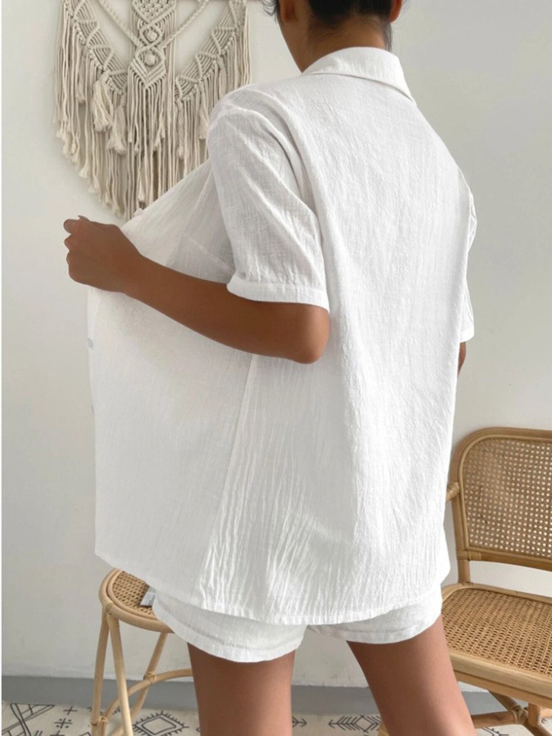 Button Up Short Sleeve Shirt and Drawstring Shorts Set - Loulou Boutique