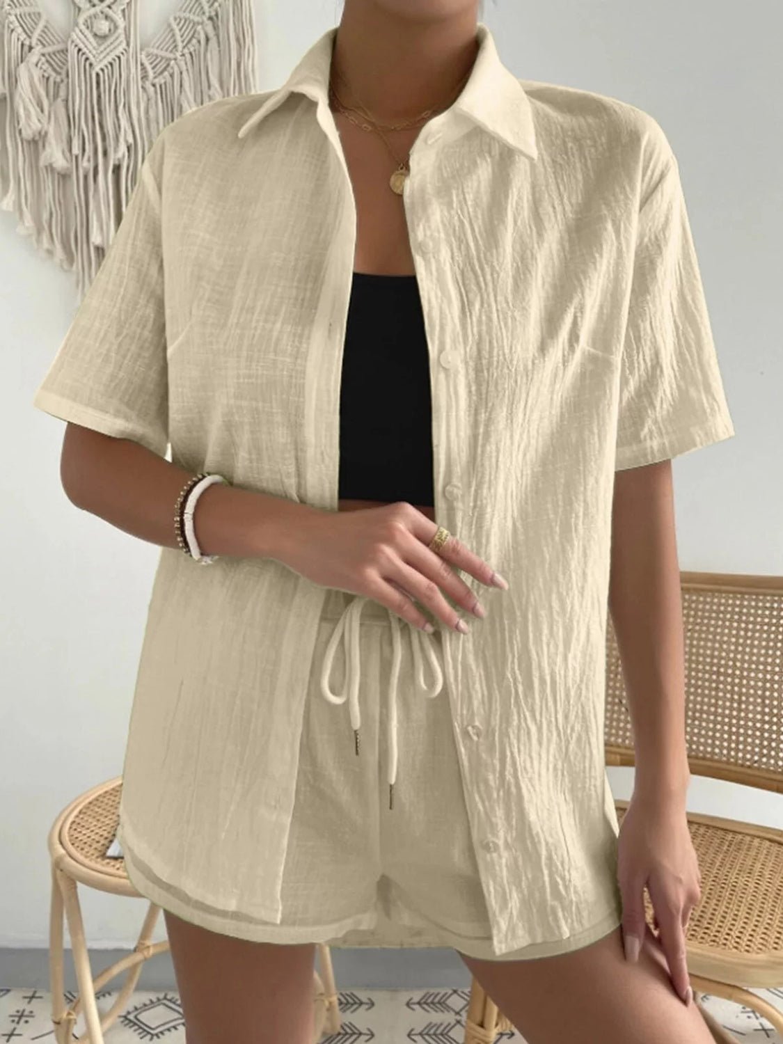 Button Up Short Sleeve Shirt and Drawstring Shorts Set - Loulou Boutique