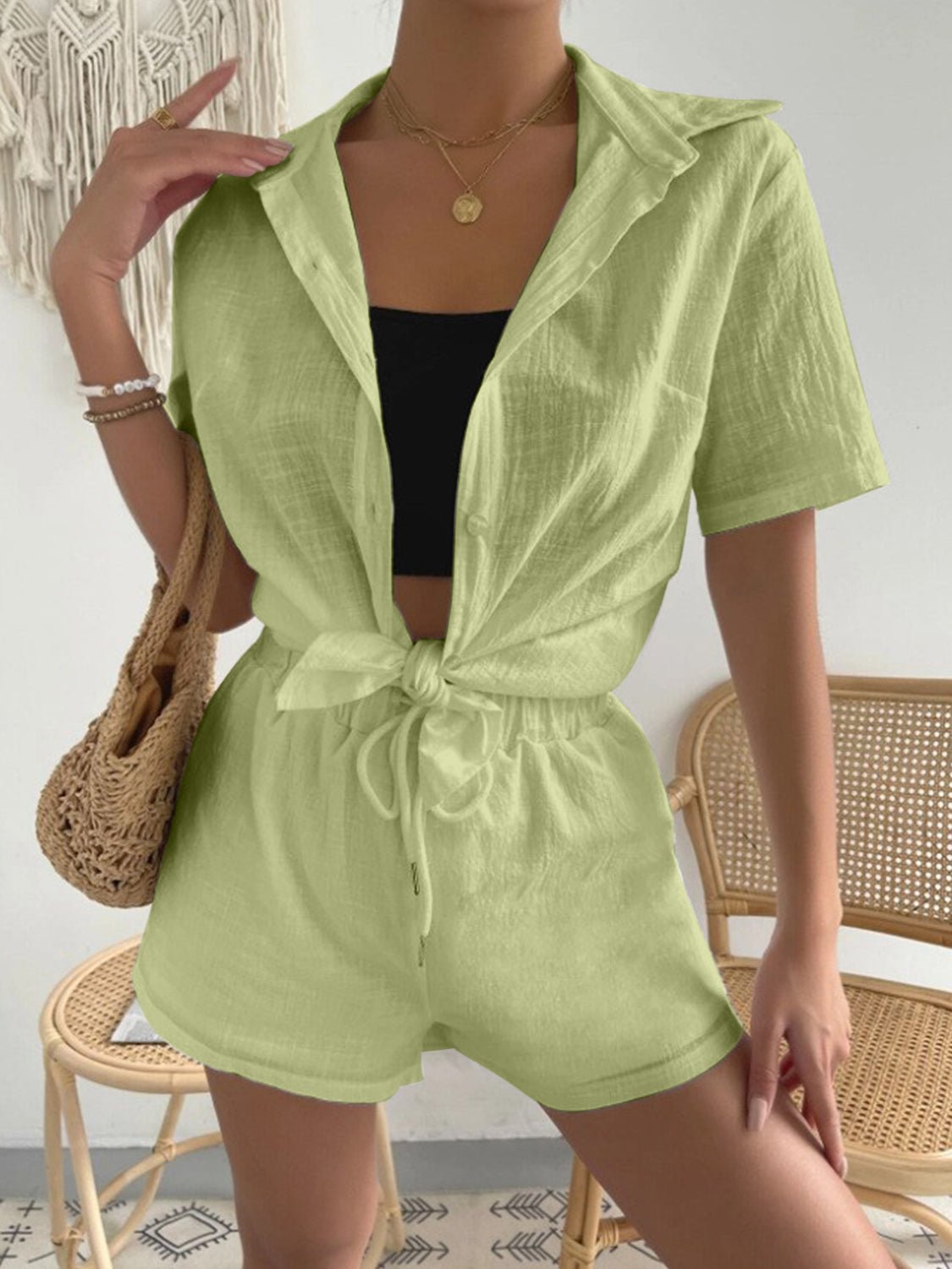 Button Up Short Sleeve Shirt and Drawstring Shorts Set - Loulou Boutique