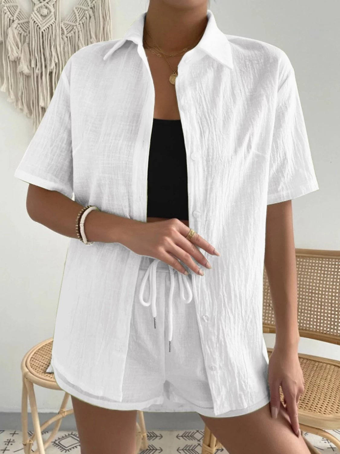 Button Up Short Sleeve Shirt and Drawstring Shorts Set - Loulou Boutique