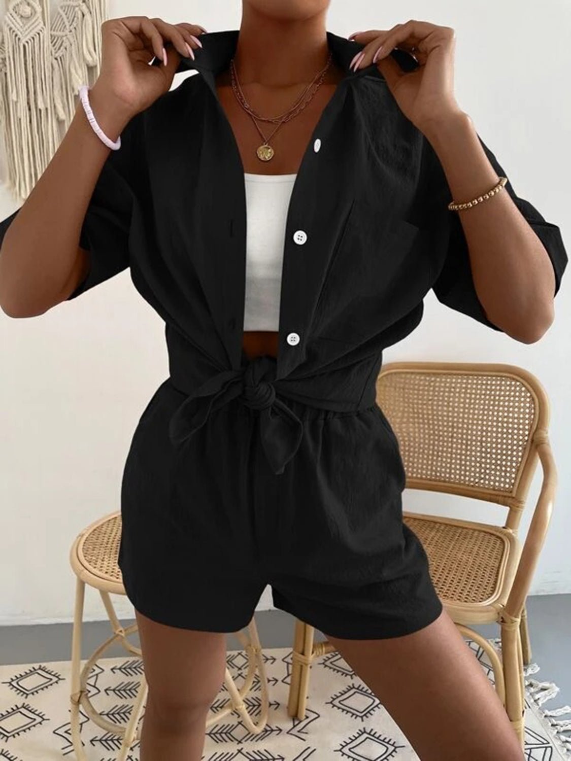 Button Up Short Sleeve Shirt and Shorts Set - Loulou Boutique