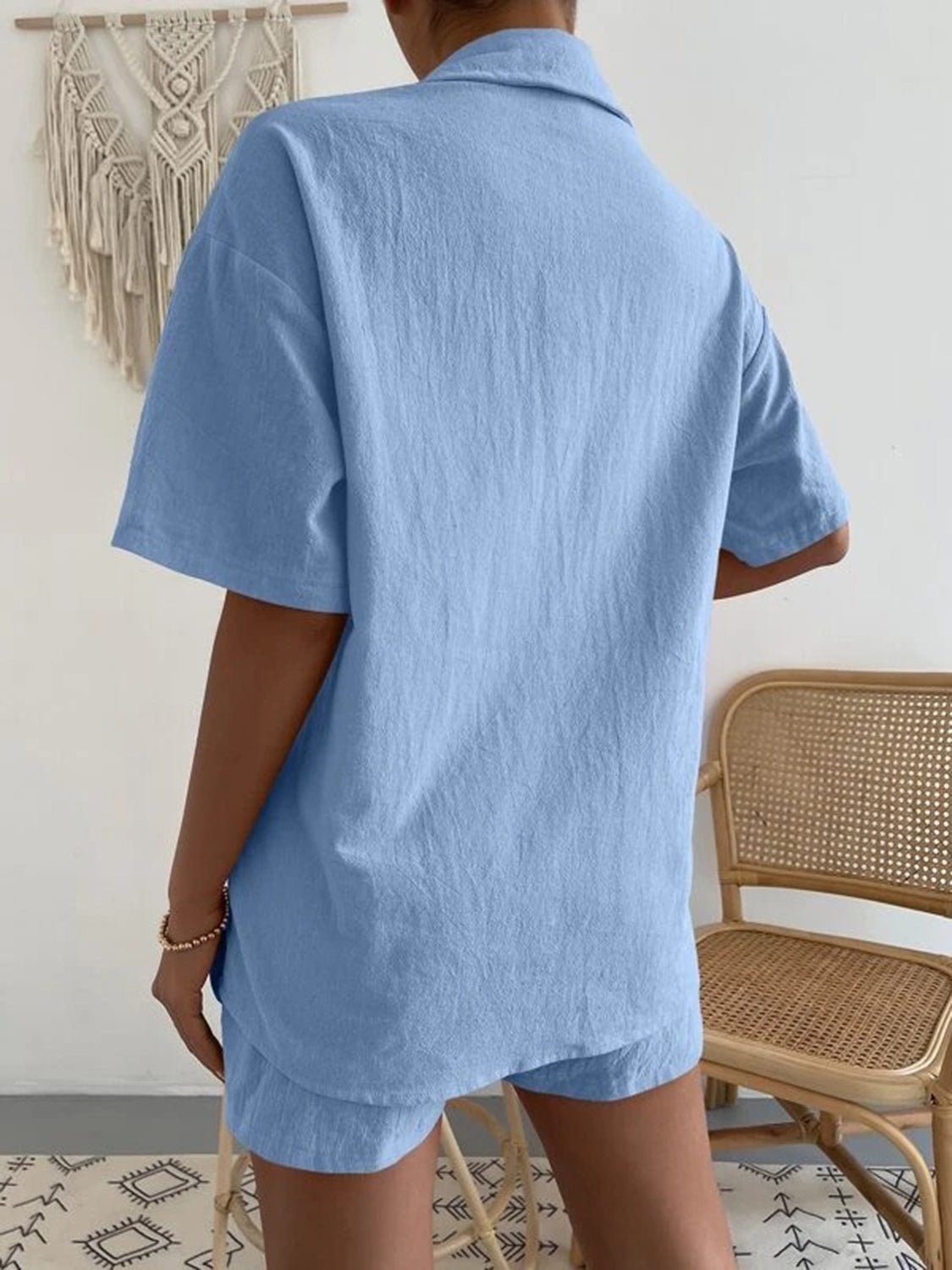 Button Up Short Sleeve Shirt and Shorts Set - Loulou Boutique