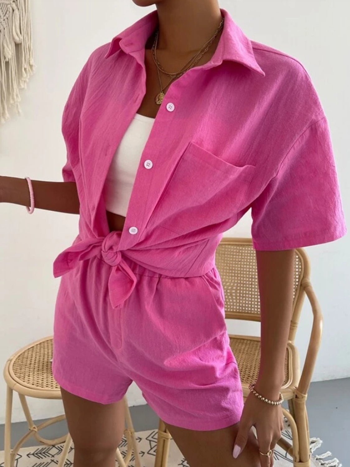 Button Up Short Sleeve Shirt and Shorts Set - Loulou Boutique